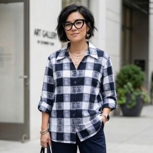 Carrol Reed XL 90s Eclectic Modern Contemporary Patchwork Cat Lady Button Shirt